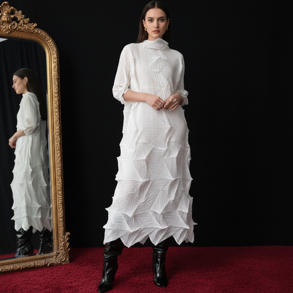 LANMREM Pleated Long Dress For Women Elastic Loose Irregular Pleated Stand Collar Pullover Female Clothing Half Sleeve 2DB4256