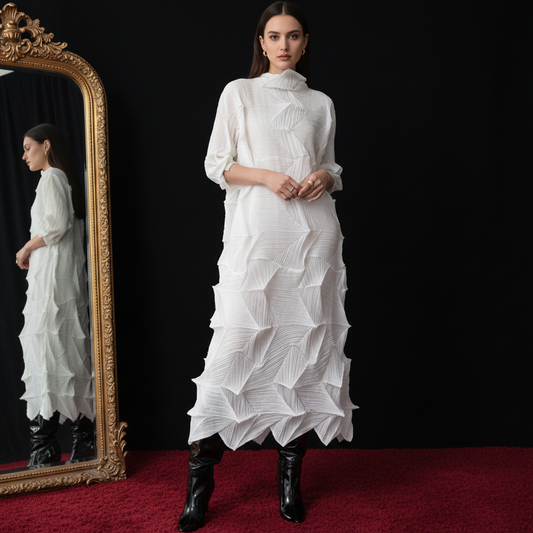 LANMREM Pleated Long Dress For Women Elastic Loose Irregular Pleated Stand Collar Pullover Female Clothing Half Sleeve 2DB4256