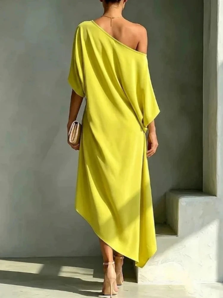 Elegant Off Shoulder Half Sleeve Dress Women Summer Batwing Sleeves Irregular Button Design Vintage Casual Holiday Beach Dresses