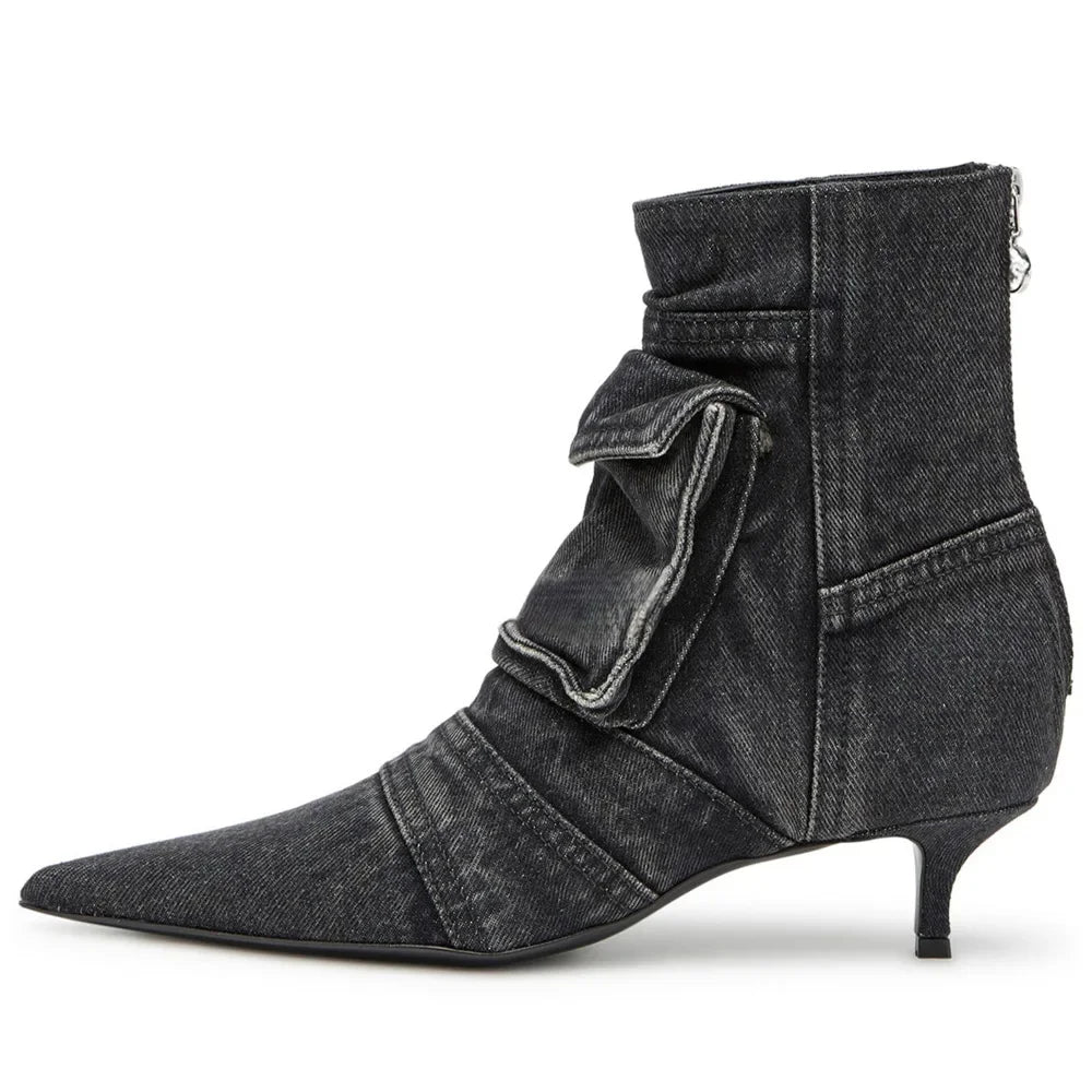 Para Mujer Women Shoes Washed Denim Pocket Boots Fashionable Pointed Thin Low Heel Rear Zipper Short Boots Botas De Invierno