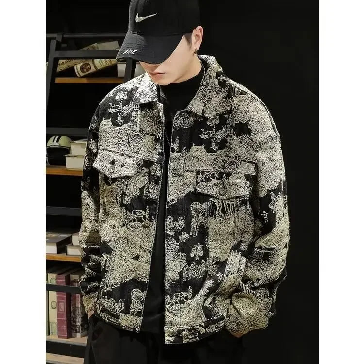 Retro Camouflage Loose Men's Jacket Long Sleeve Embroidered Denim Coat Fashionable Trendy Outerwear Comfortable Fit Male Coat