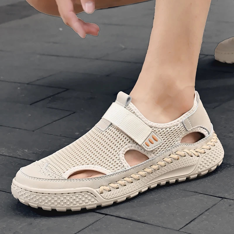 Brand Mesh Leather Men Summer Loafers Breathable Driving Shoes Moccasins Hollow Out Male Cool Lazy Shoe Leisure Walk Men Sandals