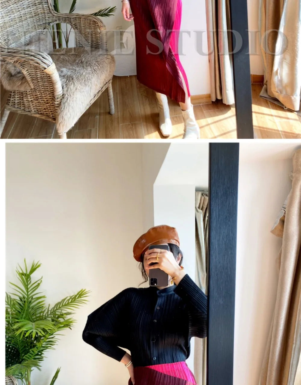Miyake Pleated Skirt High Waist One Button Stitching Long Asymmetrical Skirt Two Piece Straight Korea Fashion Aesthetic Clothes