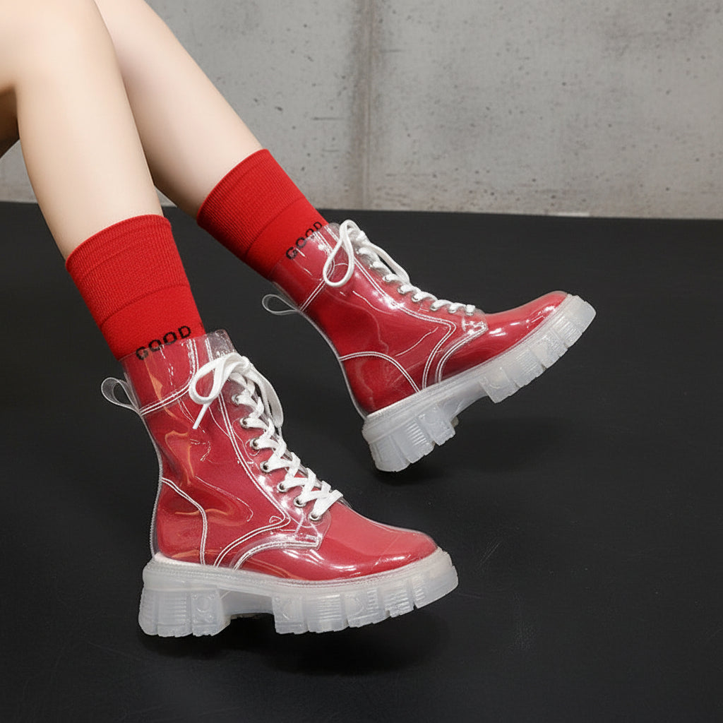 Waterproof Lace-up Platform Clear Booties Fashion Round Toe Non-Slip Block Heel Shoes for Women, shoes for Flood and rain, Rainy Fashion