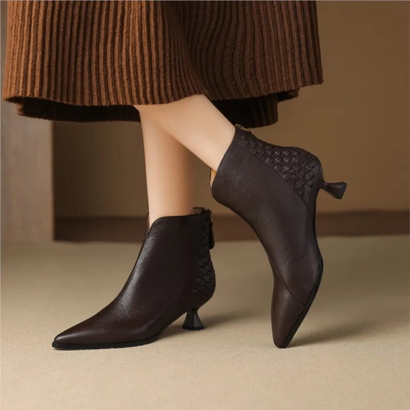 Elegant Sheepskin Leather Retro Ankle Boots Women Pointy Toe Med Thin Heels Office Lady Braided Boots Party