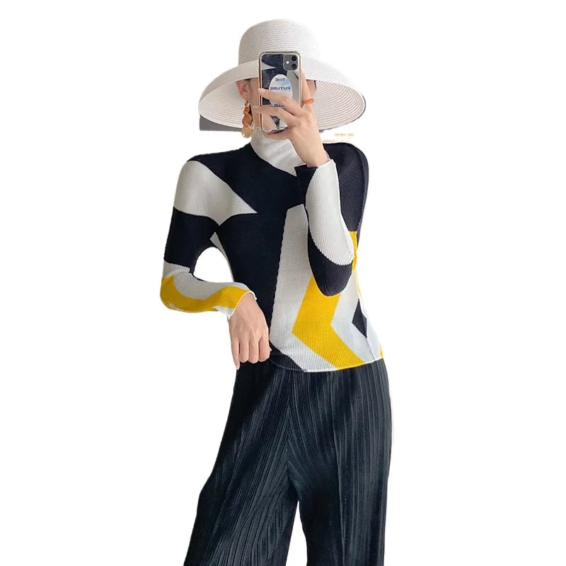 Miyake Pleated Contrasting Colors T-shirt Women Half Turtleneck Skinny Pullover 2025 Summer Fashion Female Clothing