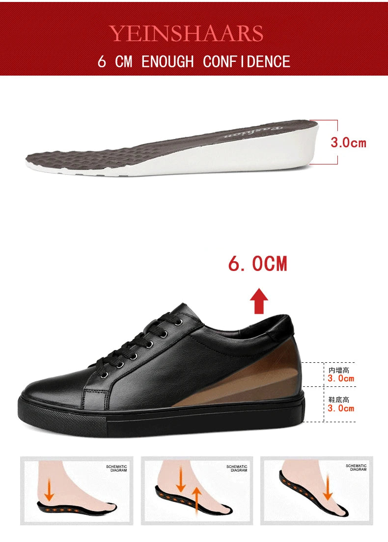 Man Elevator Shoes Height Increase Insoles High Heels Shoes 5-6CM Shoes Tall Shoes White Genuine Leather Shoes Men Sneakers