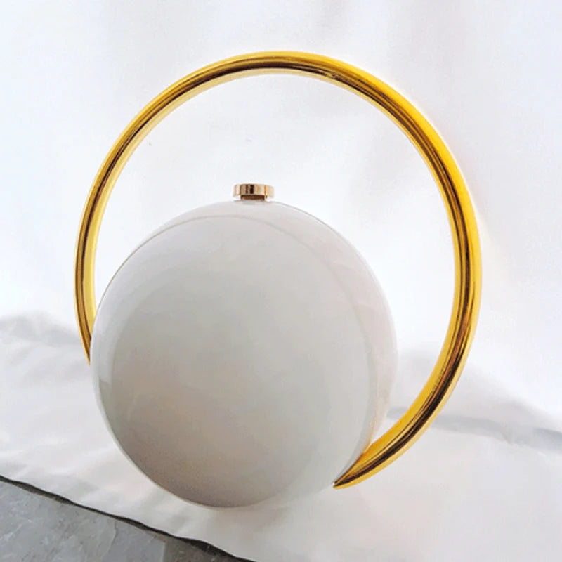 Fashion Bride Pearl White Round Metal Gold Women Luxury Evening Banquet Clutch Bag Wedding Purse Party Crossbody Day Handbag