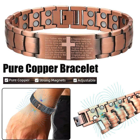 Mens Copper Magnetic Bracelets, Cross Pure Copper Bracelet with Double-Row Strength Magnets for Men Husband Dad Christmas Gifts
