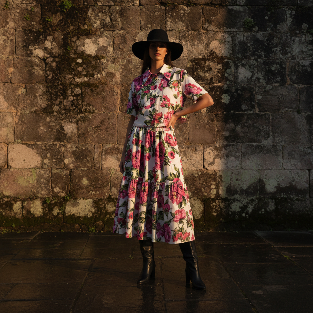 Retro print lapel short shirt two-piece set for 2026 summer women's wear+elastic waist loose pleated skirt fashion set