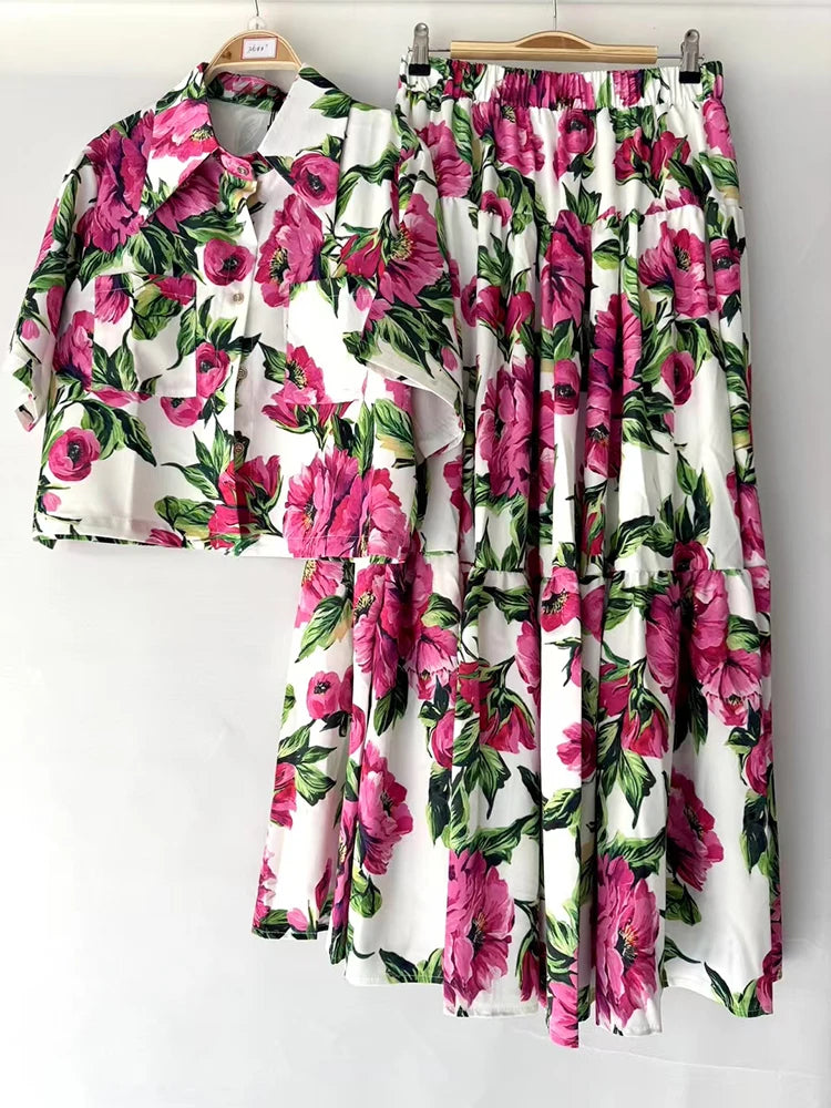 Retro print lapel short shirt two-piece set for 2026 summer women's wear+elastic waist loose pleated skirt fashion set