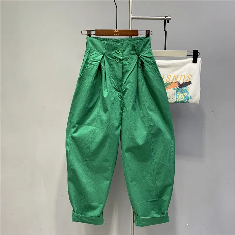 Limiguyue Street Wear Loose Cotton Harem Pants Women Spring Summer Trousers Elastic Wiast Ankle-Length Pants Two Button E392