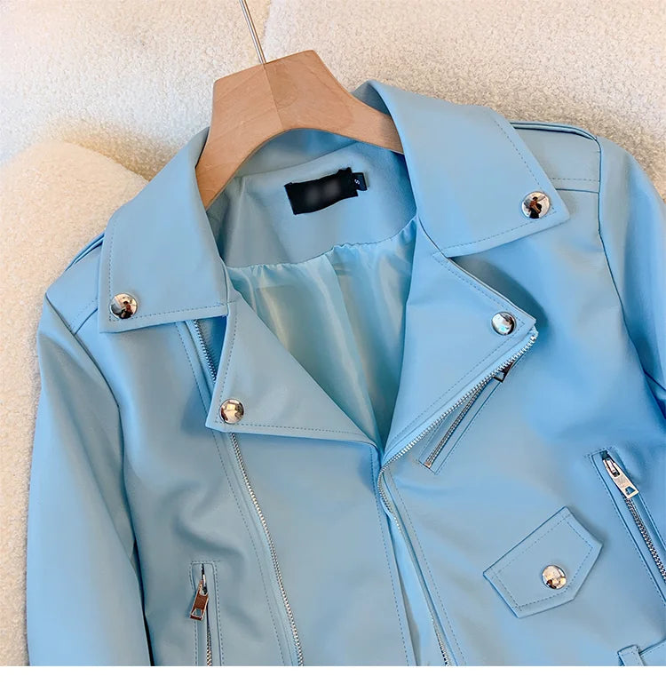 Blue PU leather jacket for women's spring autumn short Street style 2025 new retro motorcycle Leather Coat top
