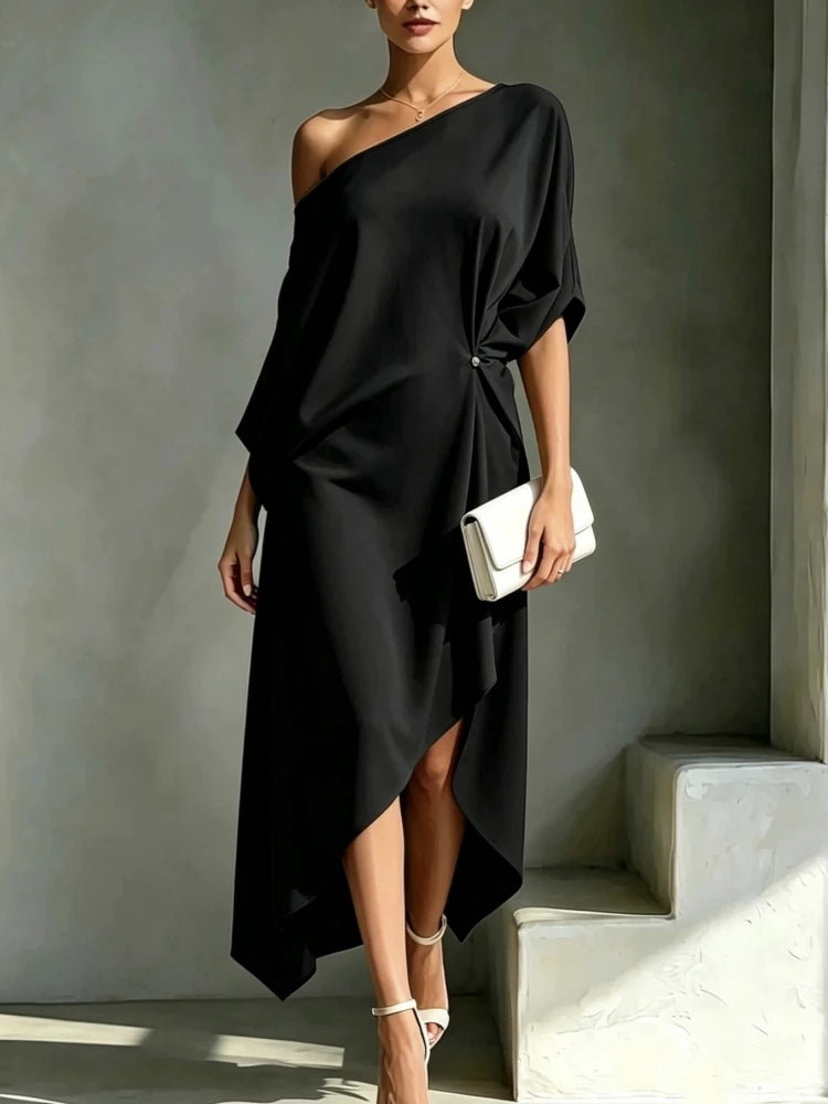 Elegant Off Shoulder Half Sleeve Dress Women Summer Batwing Sleeves Irregular Button Design Vintage Casual Holiday Beach Dresses