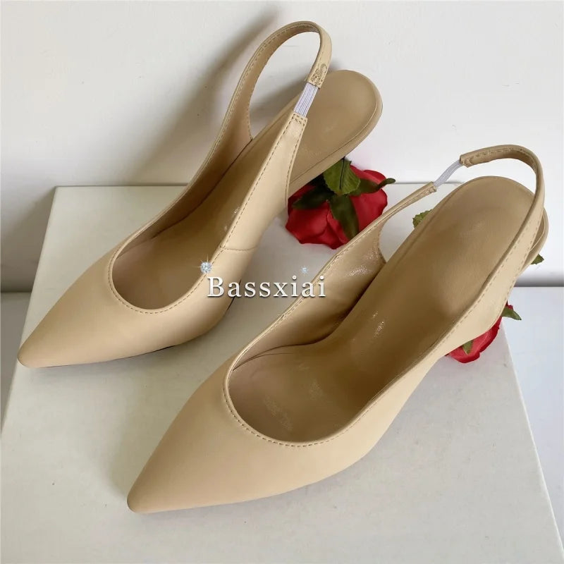 Unique Rose Flower Heel Women Pumps Genuine Leather Slingbacks Sexy Pointed Toe Dress Shoes For Girls