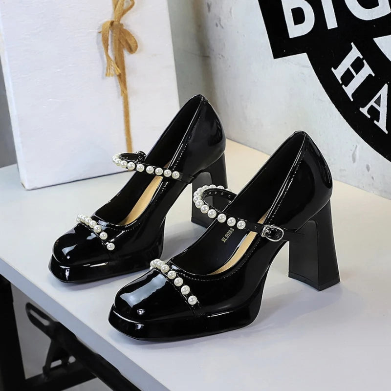 Retro Style Color Block Square Toe Thick Heel High Heels Women's Waterproof Platform Pearl Mary Jane Shoes Casual Fashion