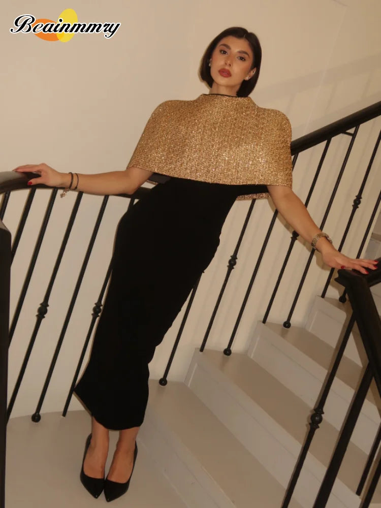 Elegant Chic Gold Sparkle Capelet Top Shiny Tweed Shoulder Wrap Turtleneck Short Cloak New Lady Evening Club Party Tops 2026