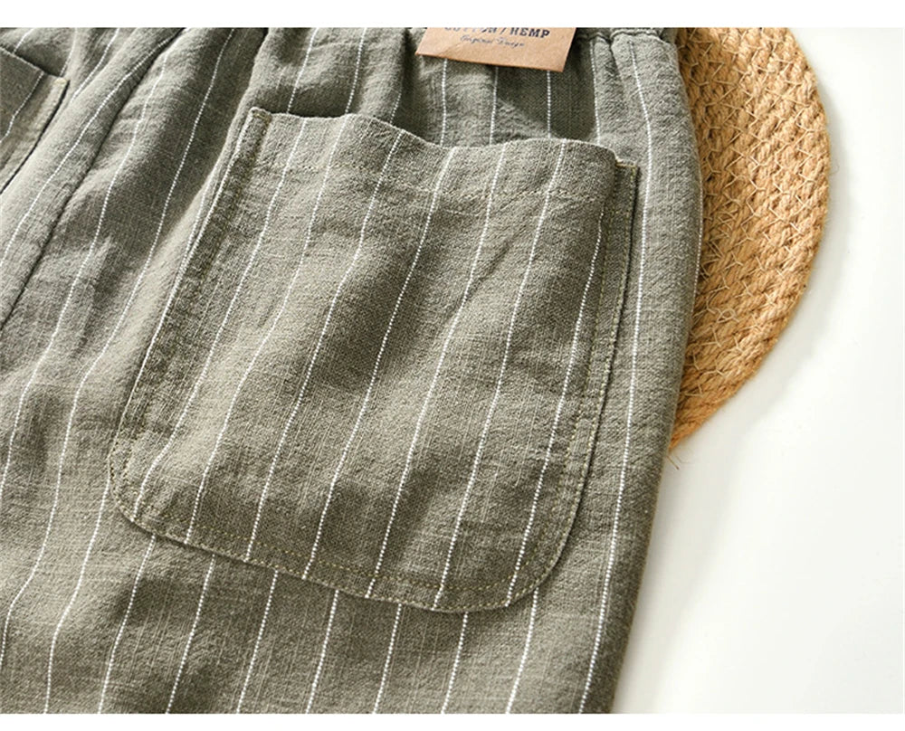 Summer cotton linen men's beach shorts loose fit breathable ramie striped straight daily causal pants for men