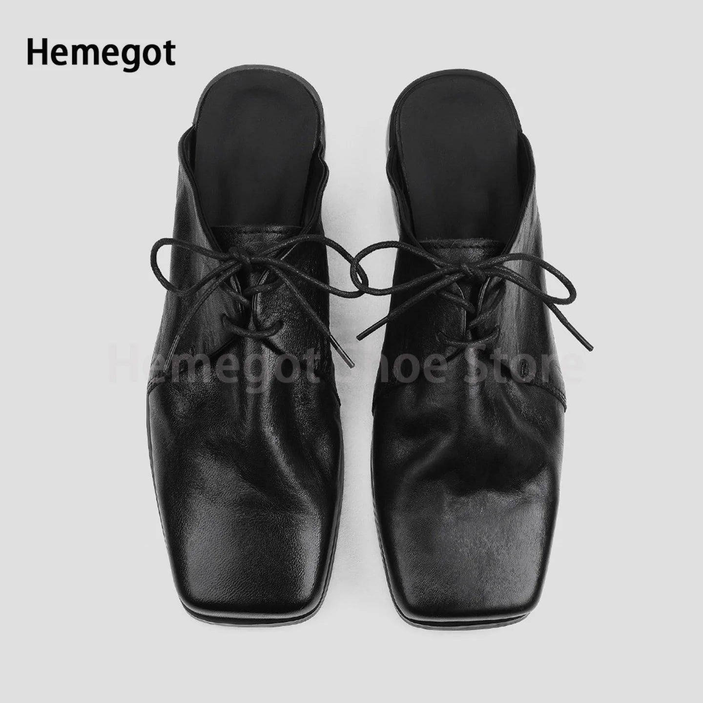 Black Leather Mules Slippers Men's Shoes Square Toe Lace-Up Flats Wear-Resistant Solid Color Casual Shoes Handmade Men's Shoes