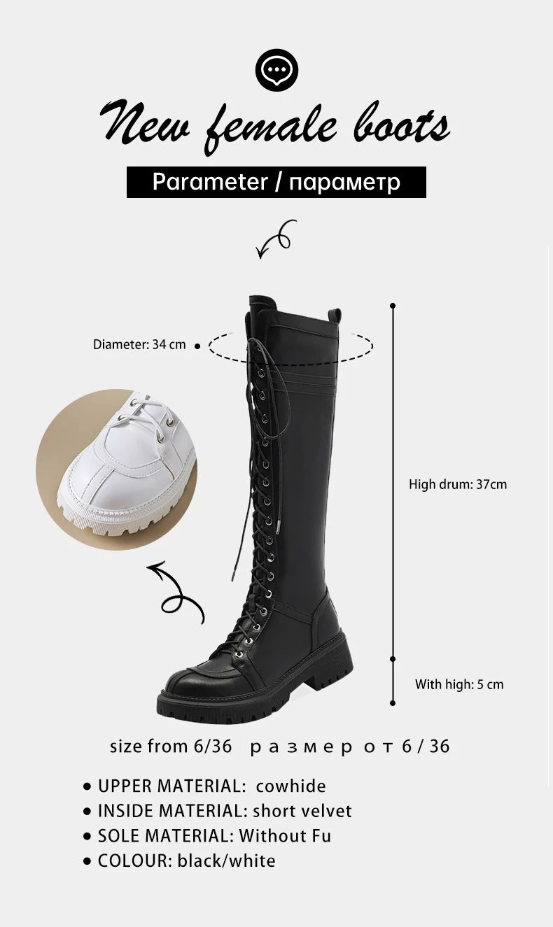 Ods Genuine Leather Women's High Knee Boots Winter Shoes Sexy Lace Up Black White Low Heels Party Shoes Girls Large Size 414243