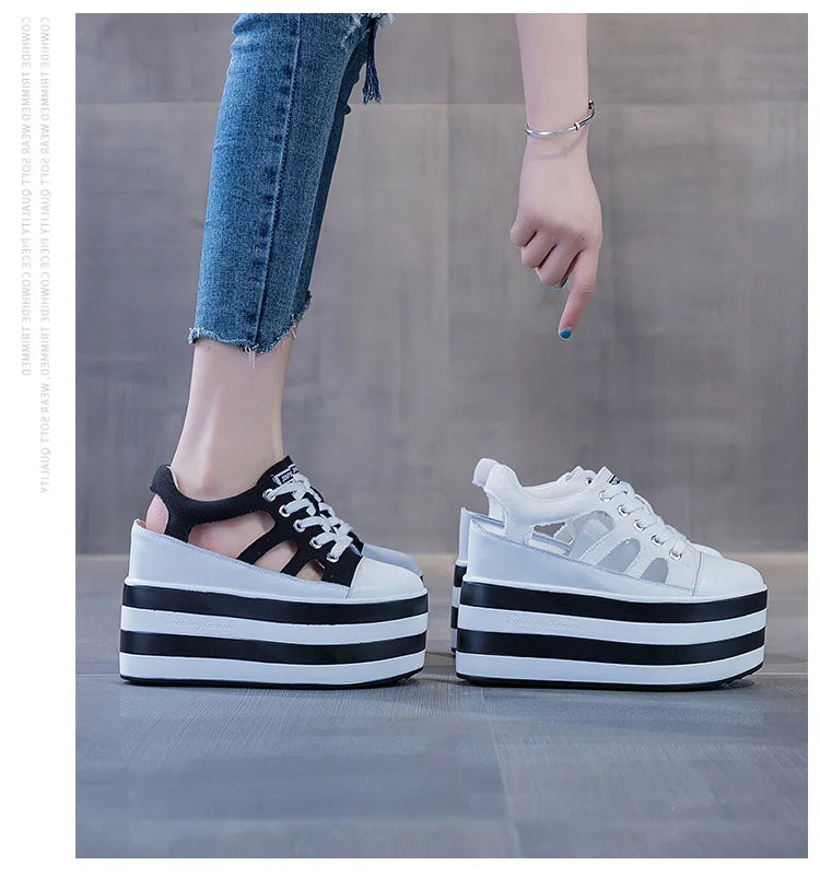 Fujin 12cm Platform Wedge Shoes Sandals for Women Sneakers Summer Shoes Hollow Cut Summer Sneakers Genuine Leather