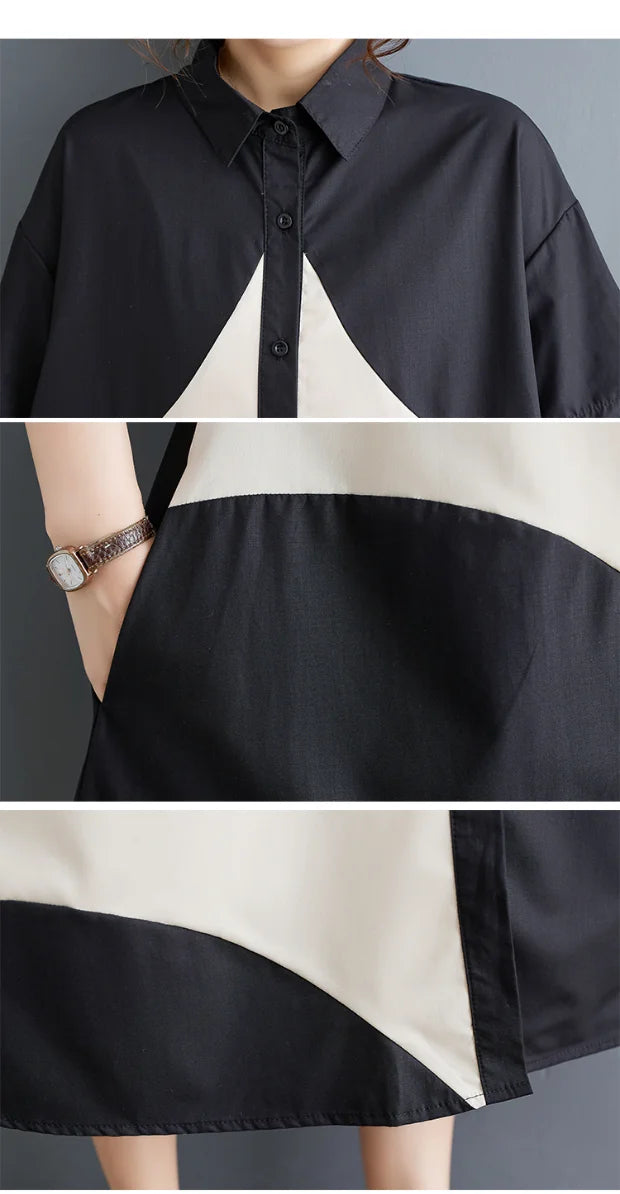 plus Size Summer Print Splice Casual Sweet ort Sve Dr Women's Loose Fit A-Line Gown f High Collar oulder Button