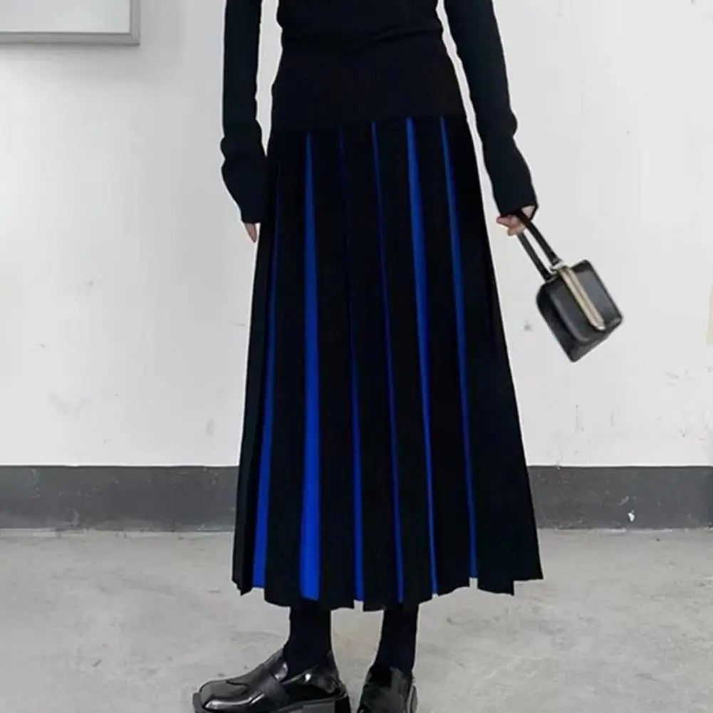 Women Midi Skirt High Waist Patchwork Color Pleated Skirt Ladies Autumn Knitting Skirt Women Versatile Comfortable Daily Wear