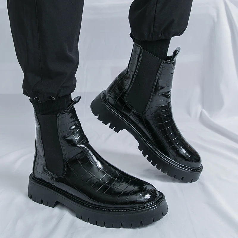 2025 Fashion Brand Men's Comfortable Fit Thick Soled Chimney Boots Autumn New High Top Chelsea Boots Plus Large Workwear Boots