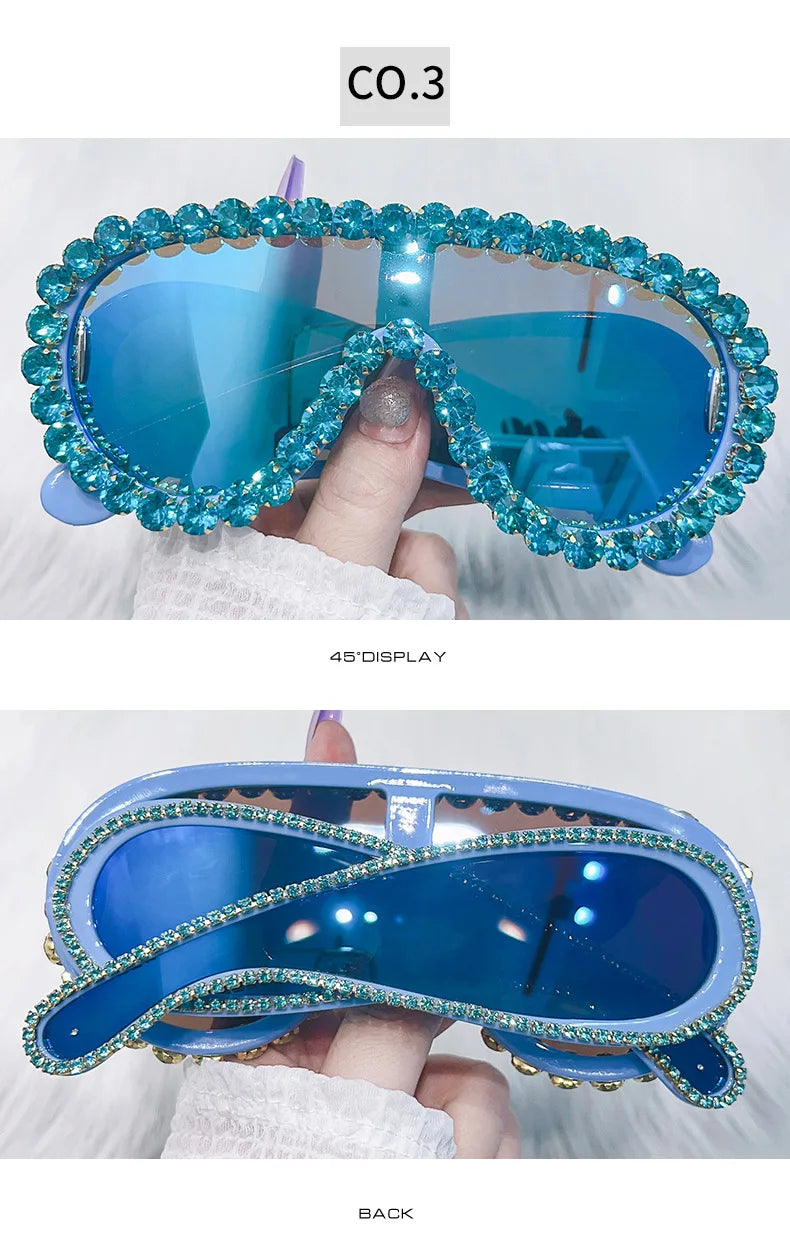 Shiny Diamonds Y2K Sunglasses Women Luxury Oversized One Piece Sun Glasses Goggle Female Trends Rhinestone Shades Eyewear UV400