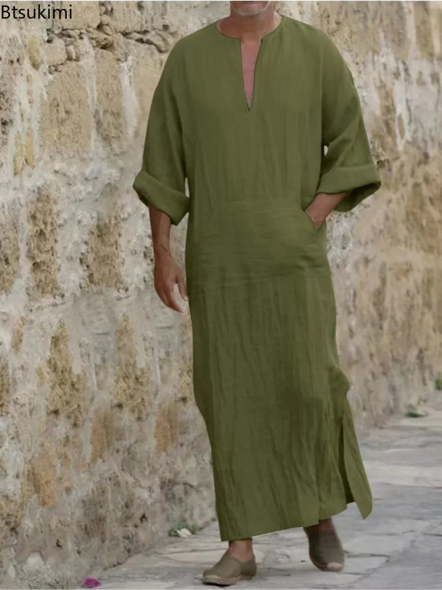 New 2026 Men Cotton Linen Long T-shirts Muslim Solid Casual Abayas Men Jubba Thobe Kaftan Arab Islamic V-neck Long Sleeve Robes