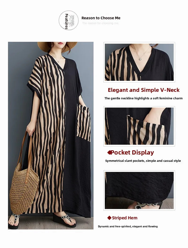 Long V-Ne ort Sve Printed Slimming Cotton Linen Dr Color Blo Casual Loose Fit Summer Faion plus Size Women