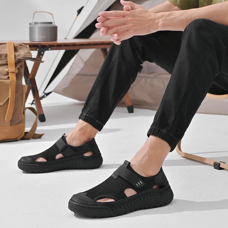 Brand Mesh Leather Men Summer Loafers Breathable Driving Shoes Moccasins Hollow Out Male Cool Lazy Shoe Leisure Walk Men Sandals