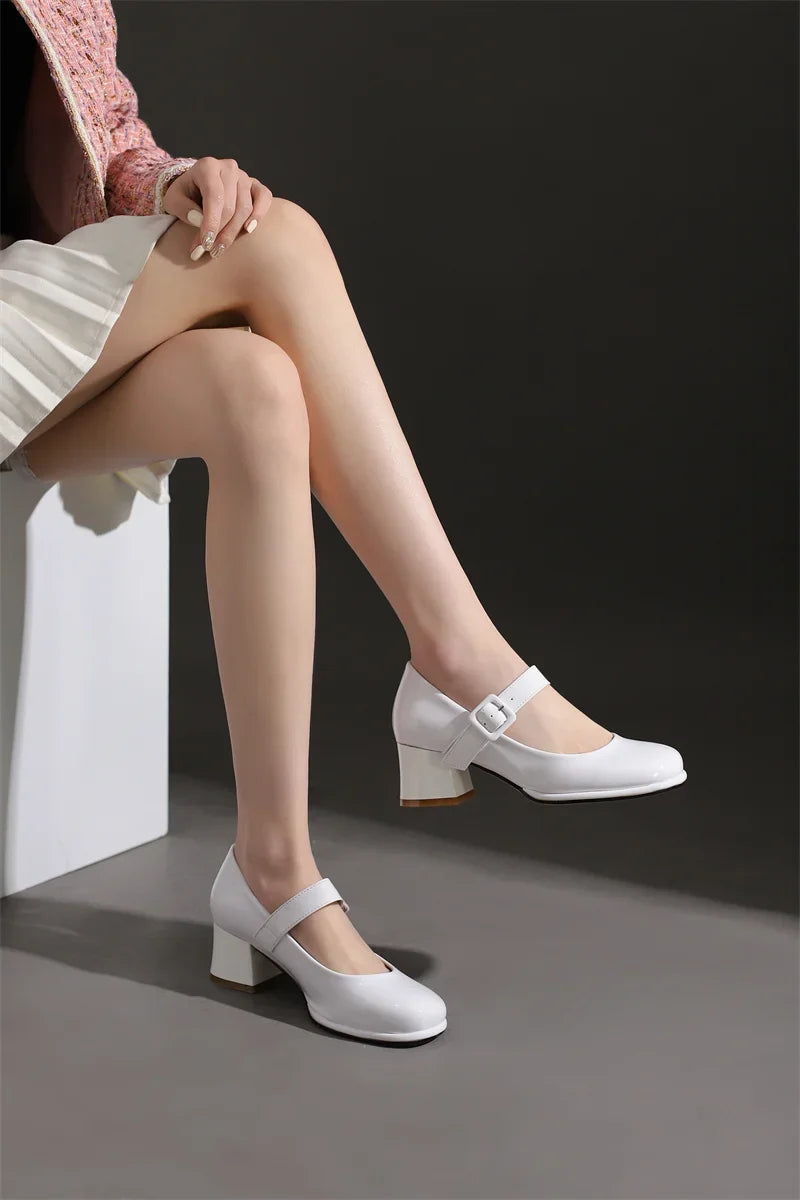 Spring Autumn Women Platform Mary Janes High Thick Heel Orange Red Patent Leather Dress Office Lady Round Toe Buckle Strap Pumps