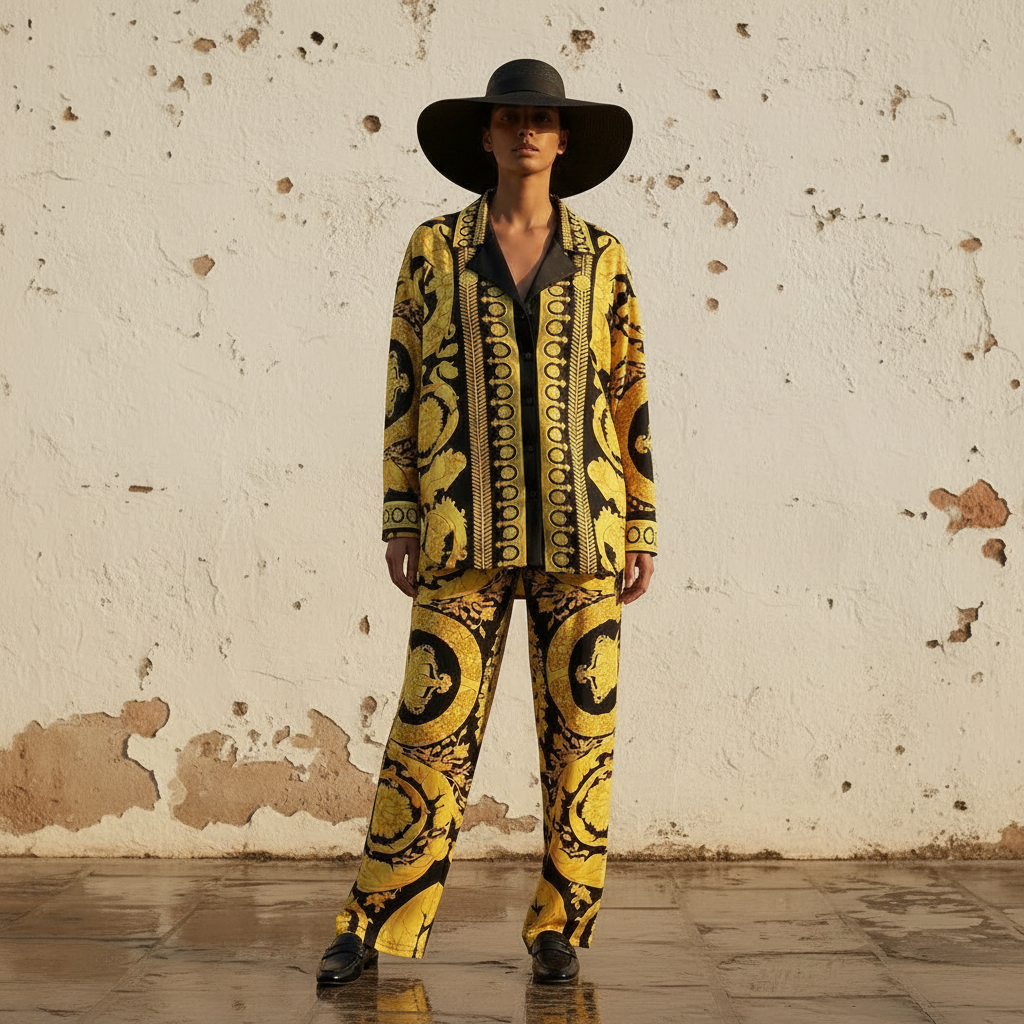 2026 women's retro geometric printed pajama style shirt two-piece set+elastic knitted cropped pants fashion set+scarf