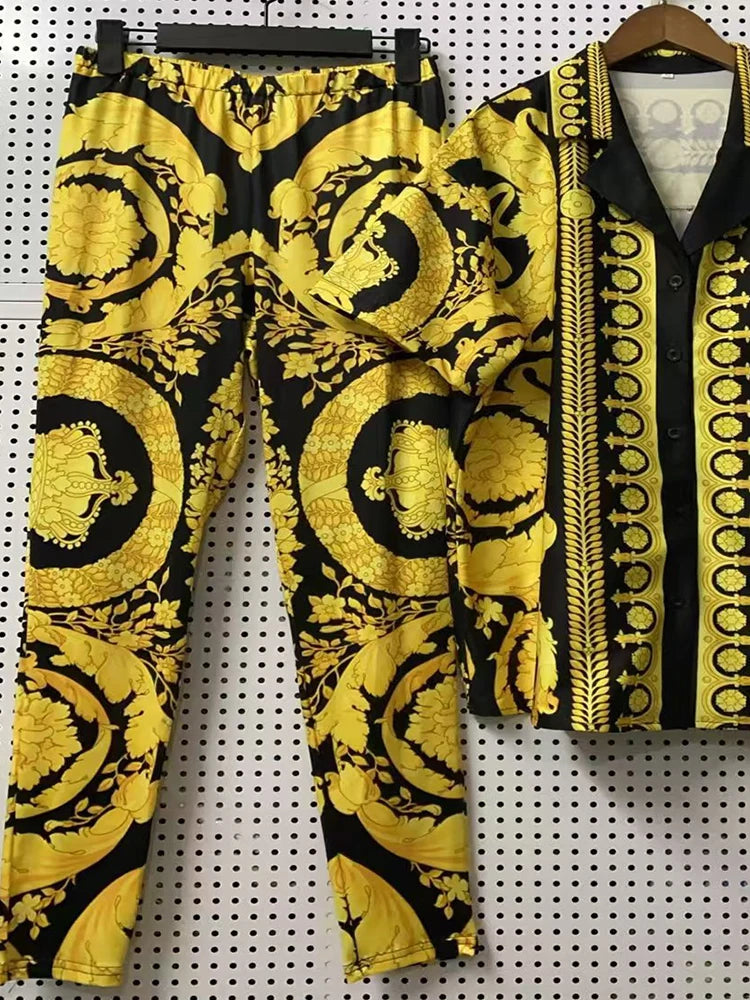 2026 women's retro geometric printed pajama style shirt two-piece set+elastic knitted cropped pants fashion set+scarf