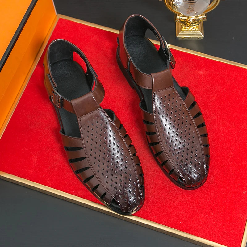 Brand's New Men's Summer Oversized Breathable Sandals Retro Pointed Men's Fashion Trend Hollowed Out Comfortable Leather Shoes