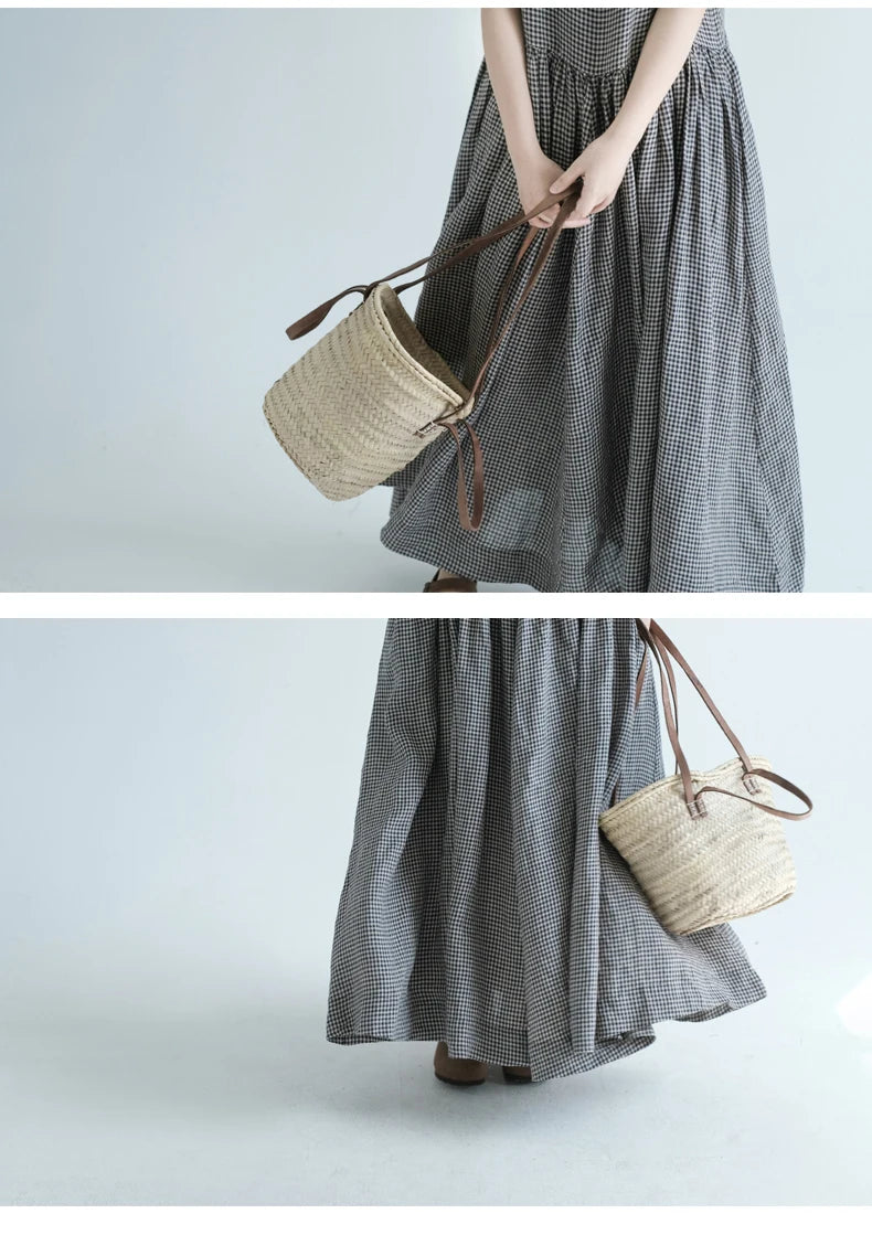 Summer New Women's Cotton Lin Loose Casual Dr High Waist A-Line Skirt Svel Vest Dr Cheered Pattern plus Size