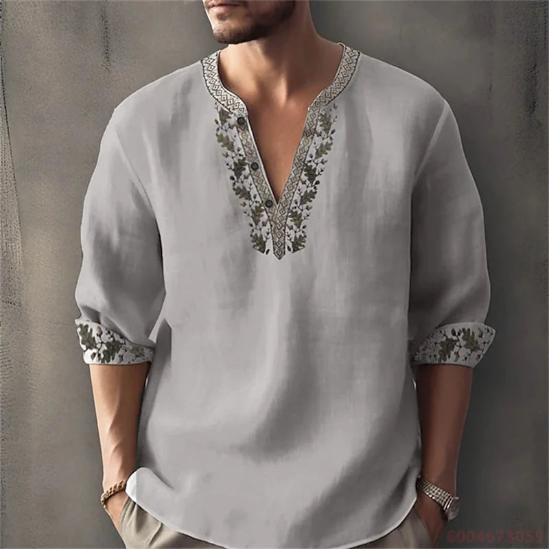 2026 Summer New Men's Fashion Printed Shirt, Henley Collar, Long Sleeve, Ethnic Style, Loose Fit, Breathable, Casual Men's Top