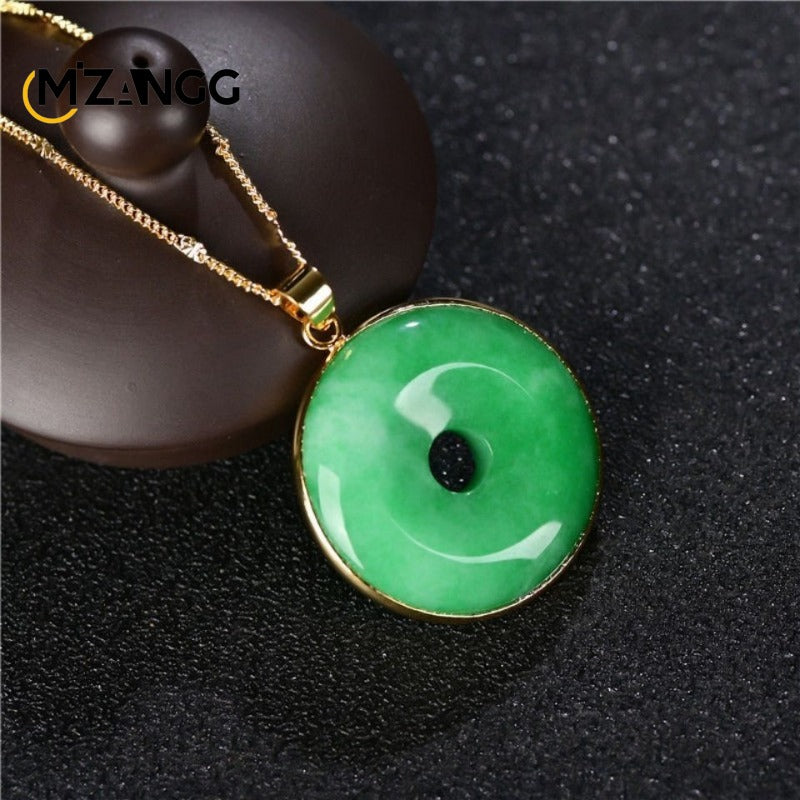 925 Silver Inlaid Natural Yang Green Jade Peace Buckle Goodluck Pendant  Men's and Women's Lutong Jadeite Necklace Exquisite Jewelry