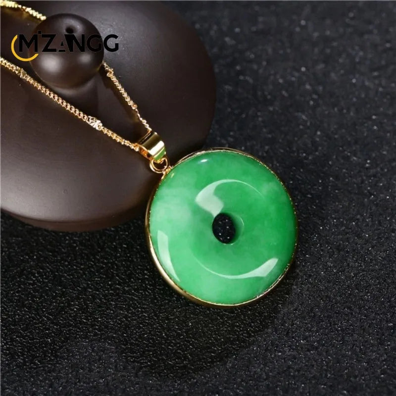 925 Silver Inlaid Natural Yang Green Jade Peace Buckle Goodluck Pendant  Men's and Women's Lutong Jadeite Necklace Exquisite Jewelry