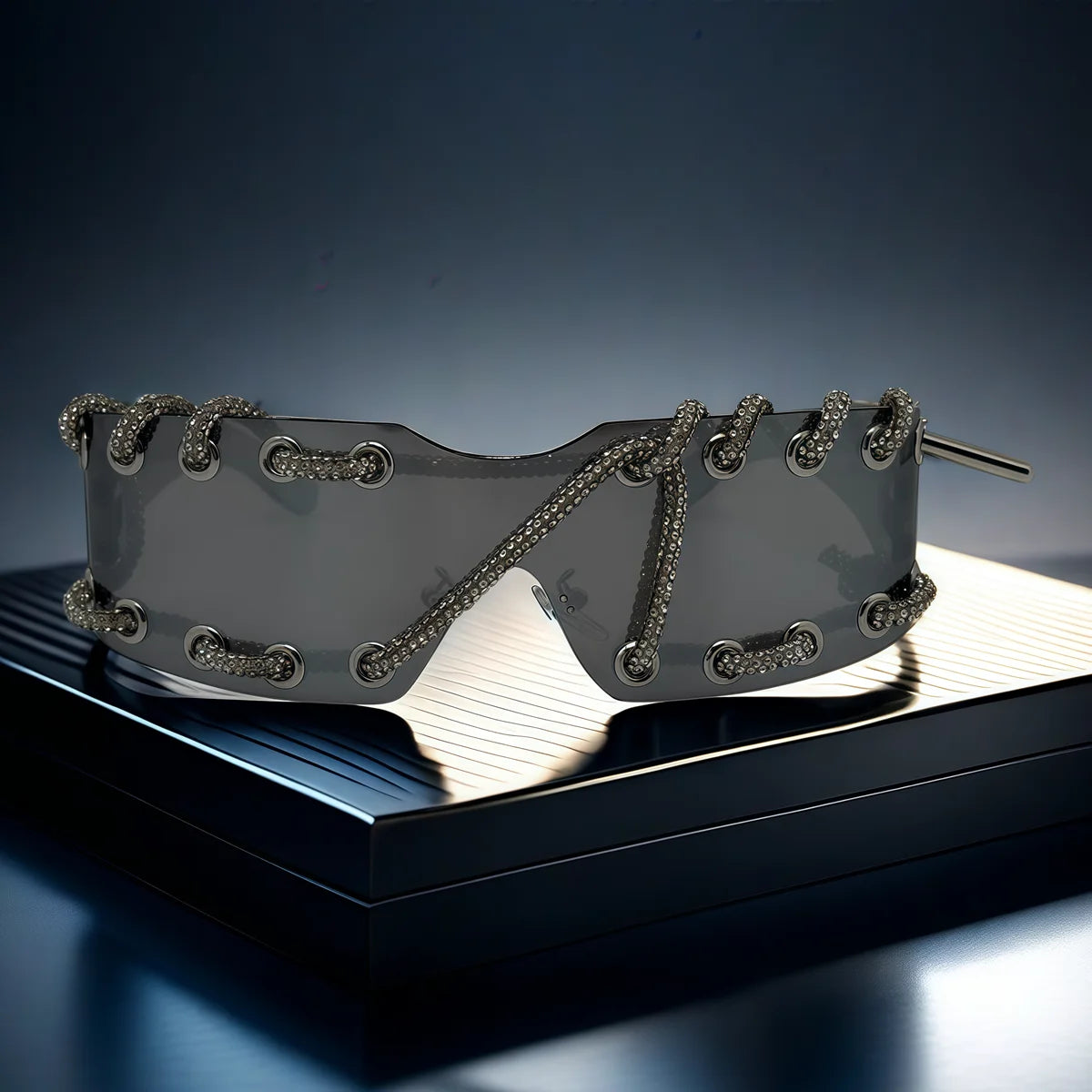 Punk Luxury Rhinestone Chain Sunglasses for Men Women One-piece Frameless Trendy Original Design Streetwear Party Shades
