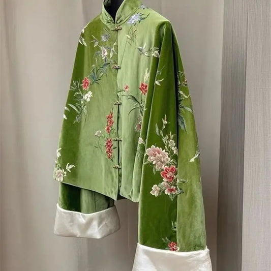 Chinese Style Small Green Velvet Jacket Women 2025 New Spring Autumn Embroidered Stand Collar Buckle Female Coat