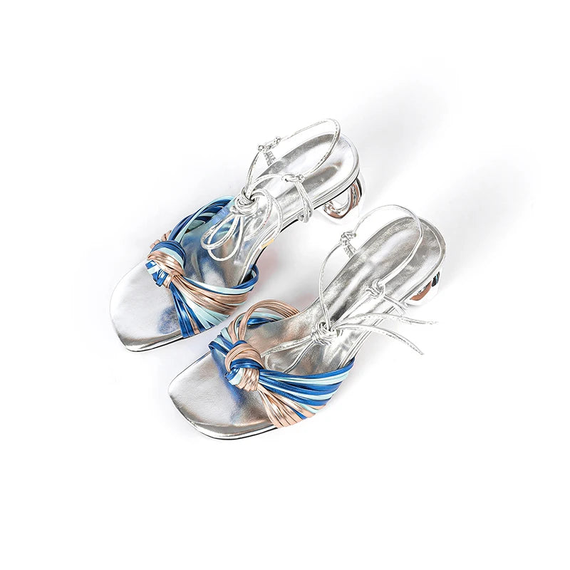 French Style Colorful Narrow Band Sandals Women High Strange Heels Ankle Wrap Party Wedding Sandals Ladies Dress