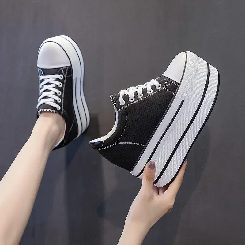 Fujin 7.5cm Fashion Canvas Shoes Breathable Women Super High Heel Sneakers Platform Shoes Women Autumn Autumn Women's Shoes