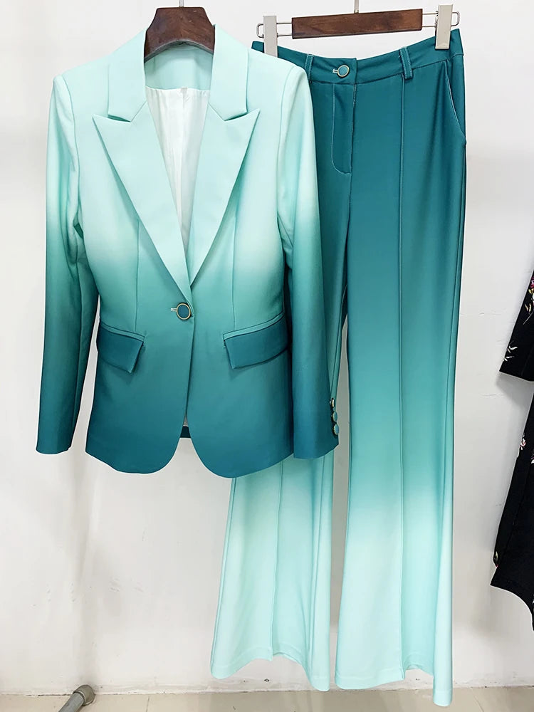 HIGH STREET Newest Fashion 2026 Designer Suit Set Women's Gradient Color Printed Single Button Blazer Flare Pants Suit 2pcs