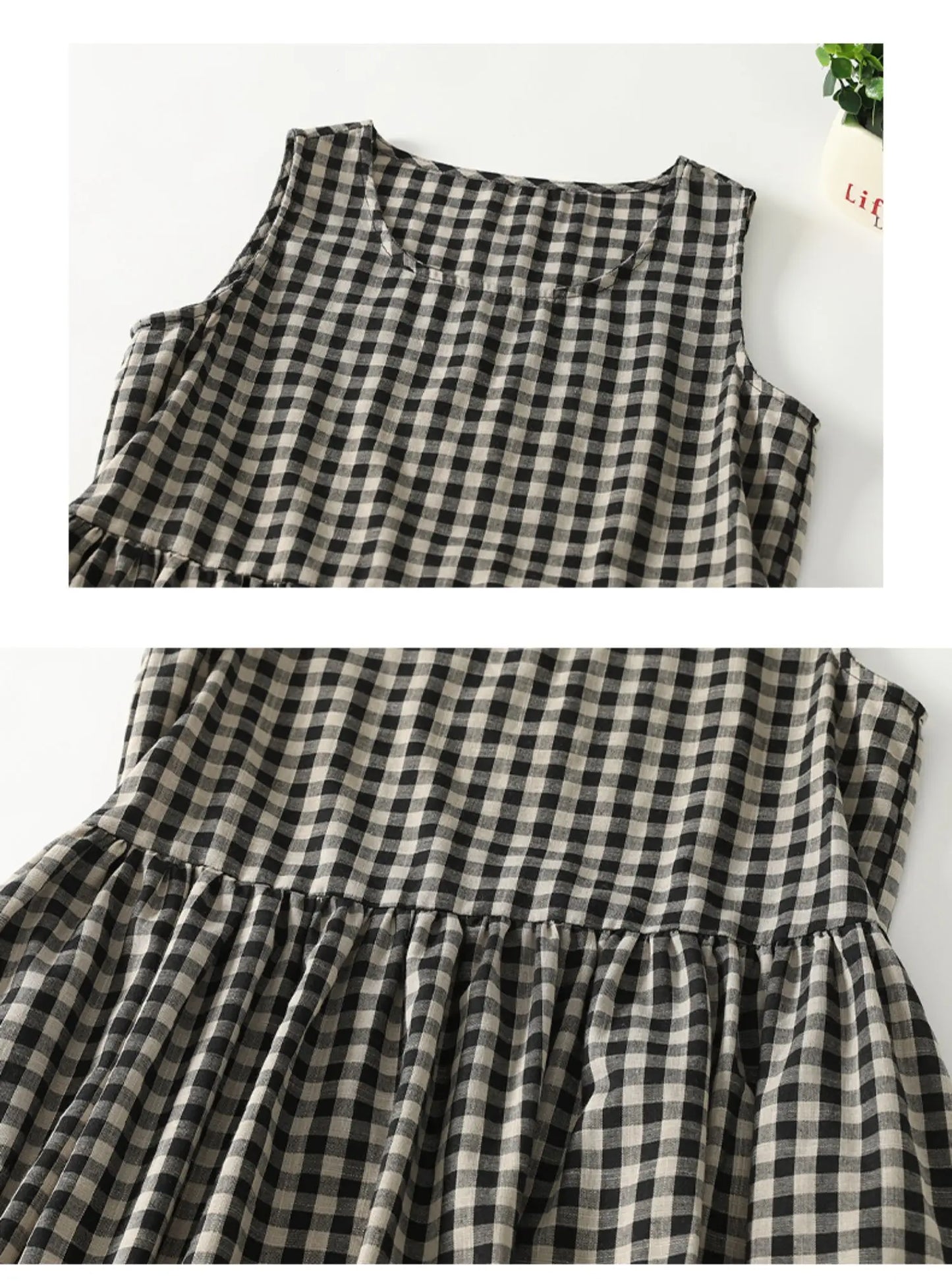 Retro Japanese Sle Linen Plaid Vest Dr Women Summer Loose Cotton Linen Svel Midi Dr A-Line Skirt round Ne