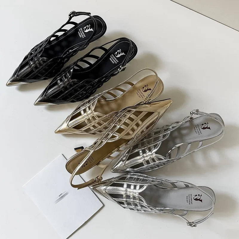 Sexy Real Leather Sandals Women Covered Metal Head Toe Narrow Band Sandals Ladies Party Dating Summer Med Heels