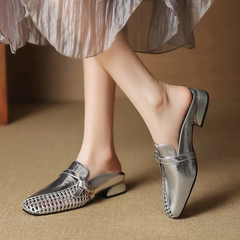 Dilalula 2025 Genuine Leather Hollow Women Mules Covered Toe Low Thick Heels Casual Slippers Ladies Summer Walk Belt Mesh Slides