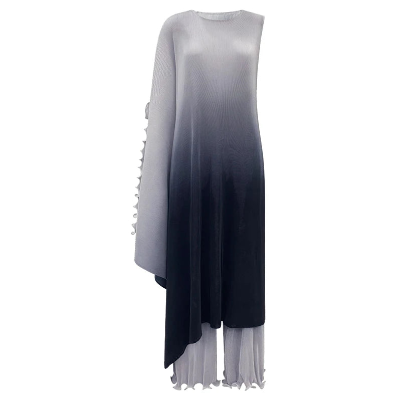 Miyake style  Pleated Bat Raglan Sleeve Irregular Dress Set Women 2025 New Fashion Original Designer Gradient Printing Two Piece Sets