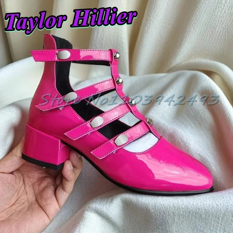 Gladiator Green Heeled Sandals Rivets Women Designer Luxury Shoes Patent Leather Solid Sandalias De Mujer Roman Strappy Palace